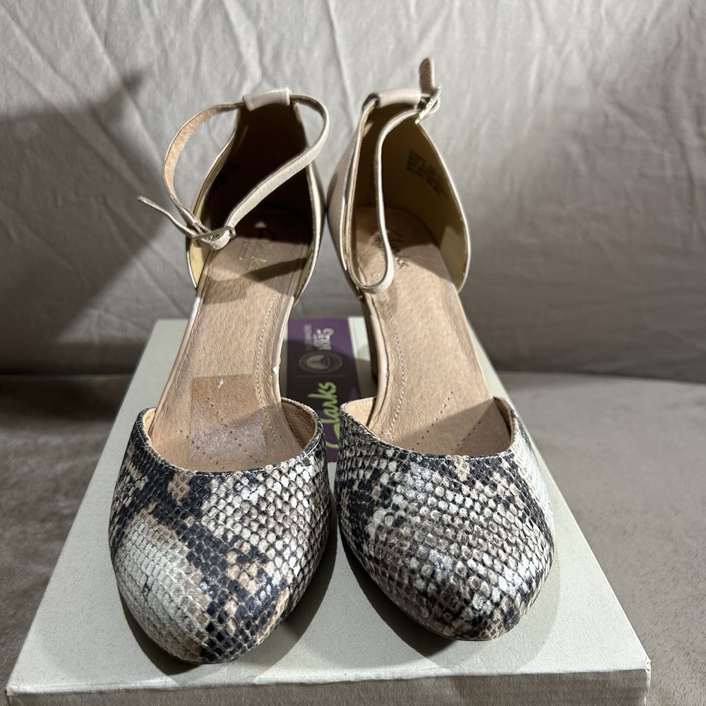 Clarks Women's Purity Hyline Natural Python Snake Cork Wedge Sandals Size 8.5